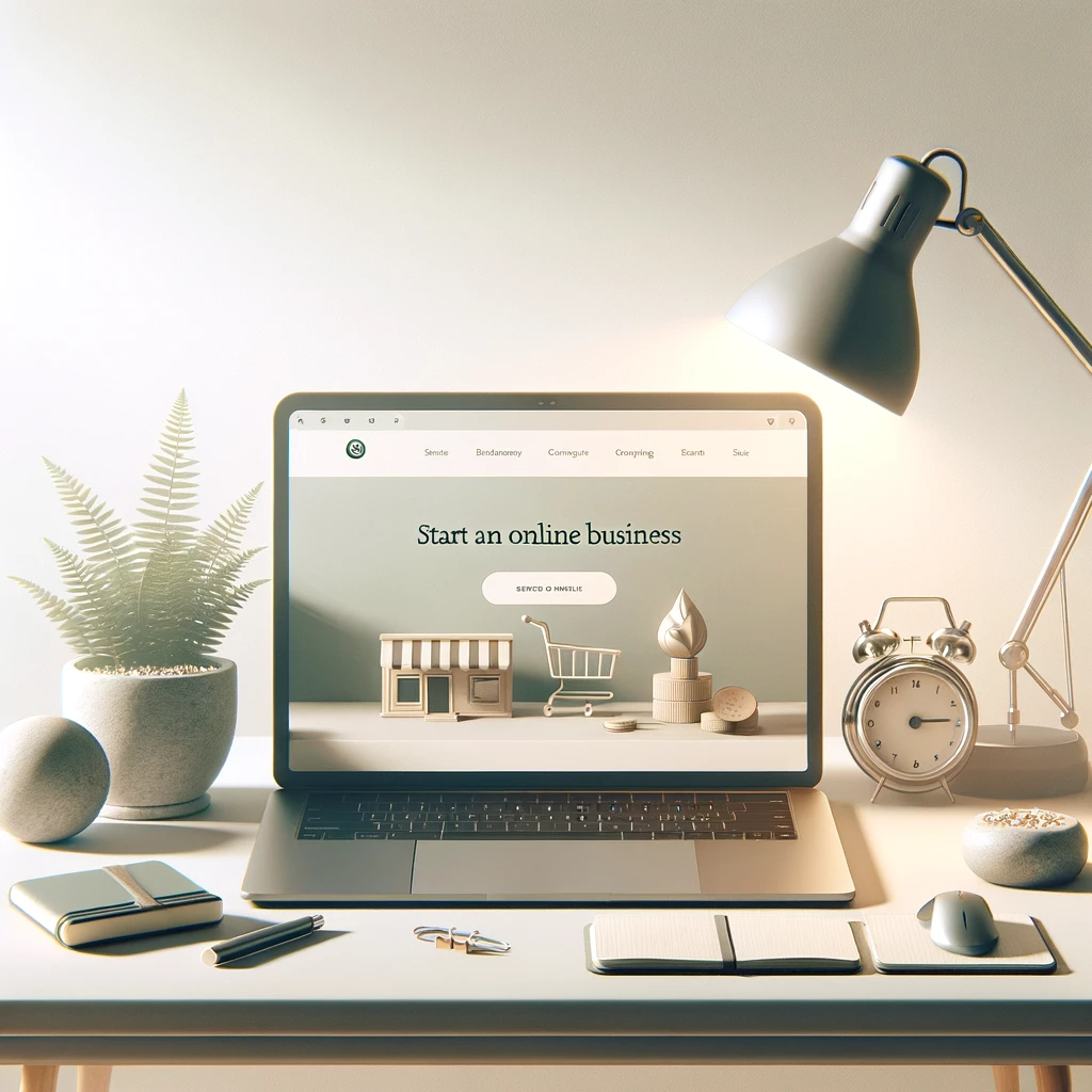 A simple and elegant image depicting the start of an online business in 2024, focusing on a clean and minimalistic workspace.