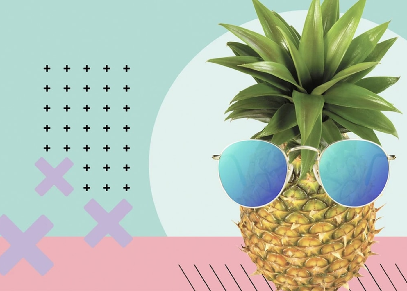 Pineapple wearing sunglasses against an abstract background