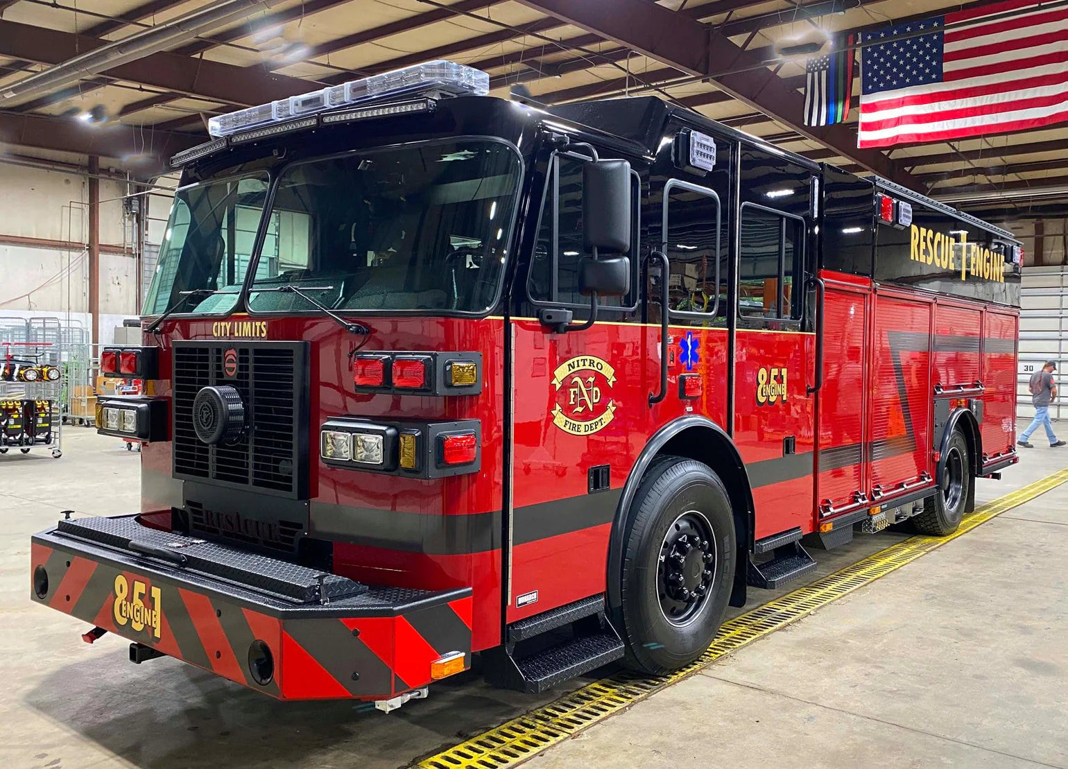 Red firetruck in fire station