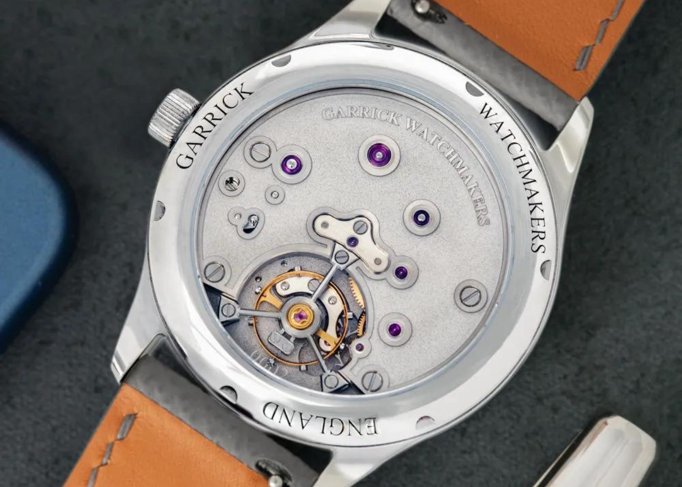 Close-up of a Garrick watch showcasing mechanical movement