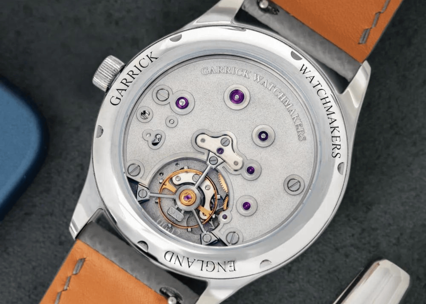 Close-up of a Garrick watch showcasing mechanical movement