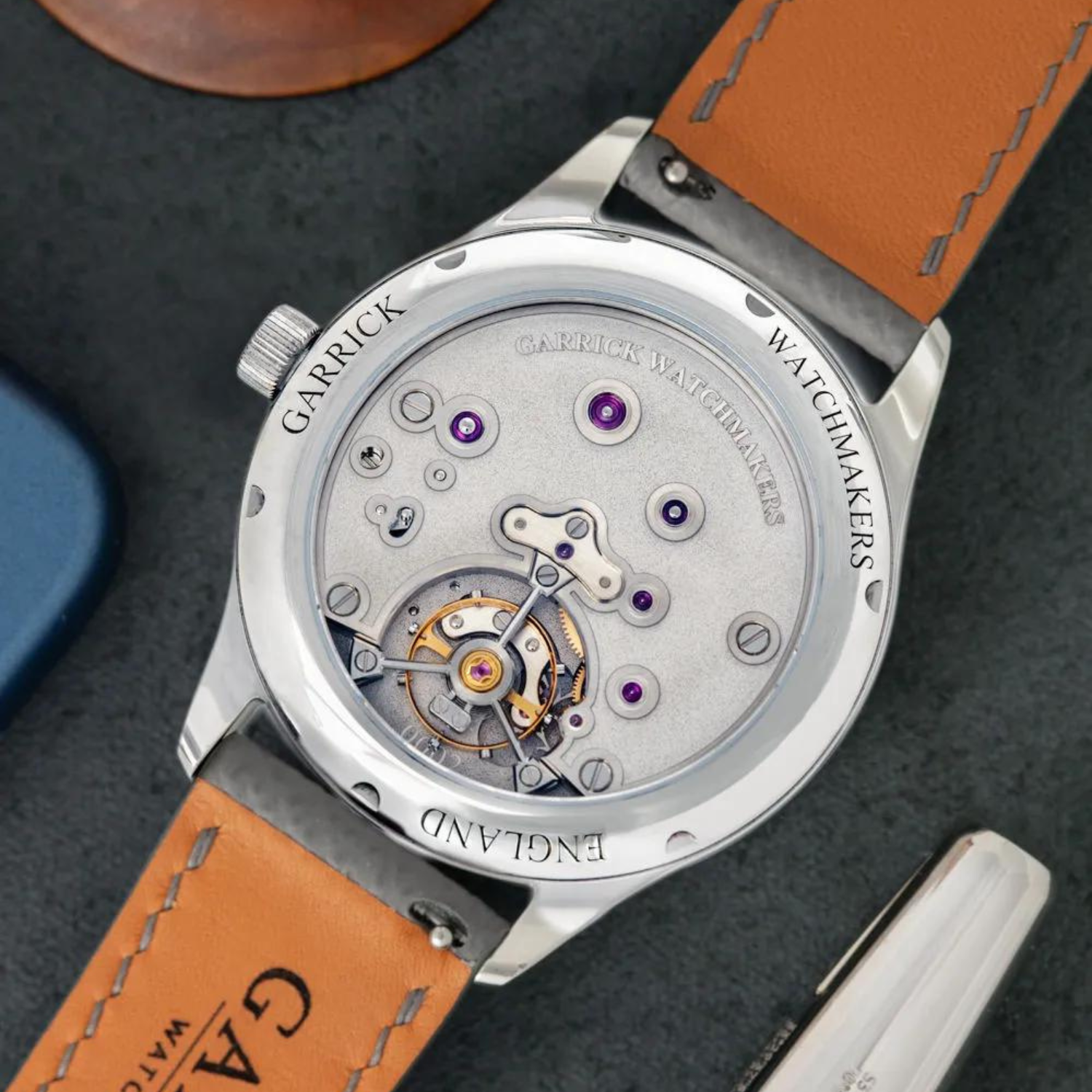 Close-up of Garrick watch showcasing mechanical movement