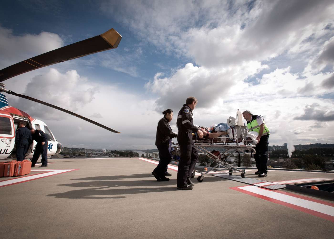 EMTs unloading passenger from medevac air ambulance
