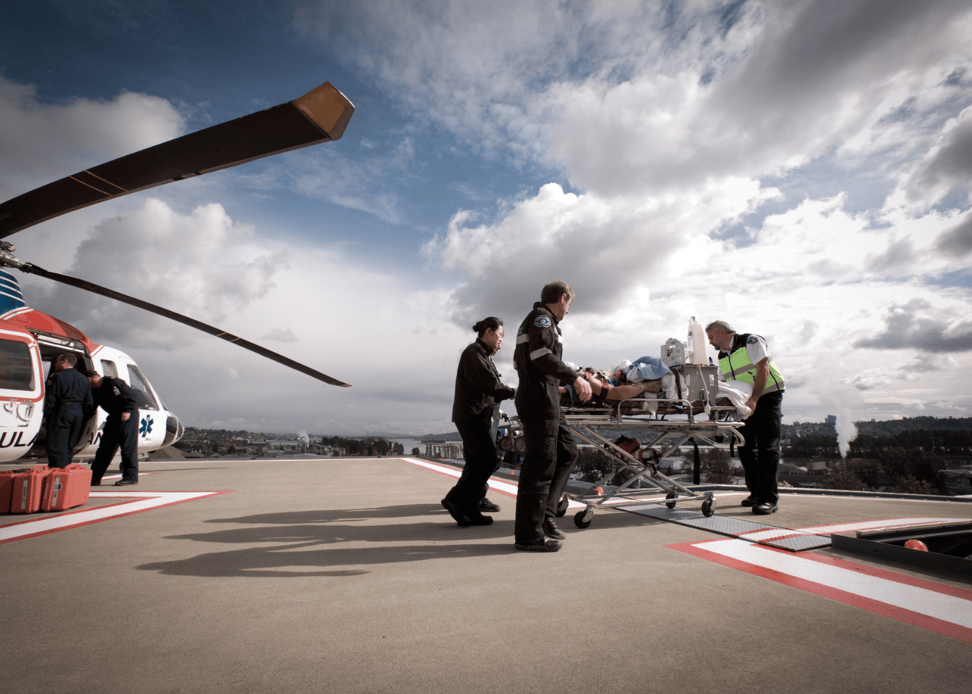 EMTs unloading passenger from medevac air ambulance