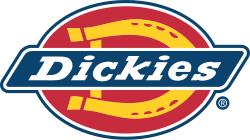 Dickies logo with a red and yellow design on a blue background