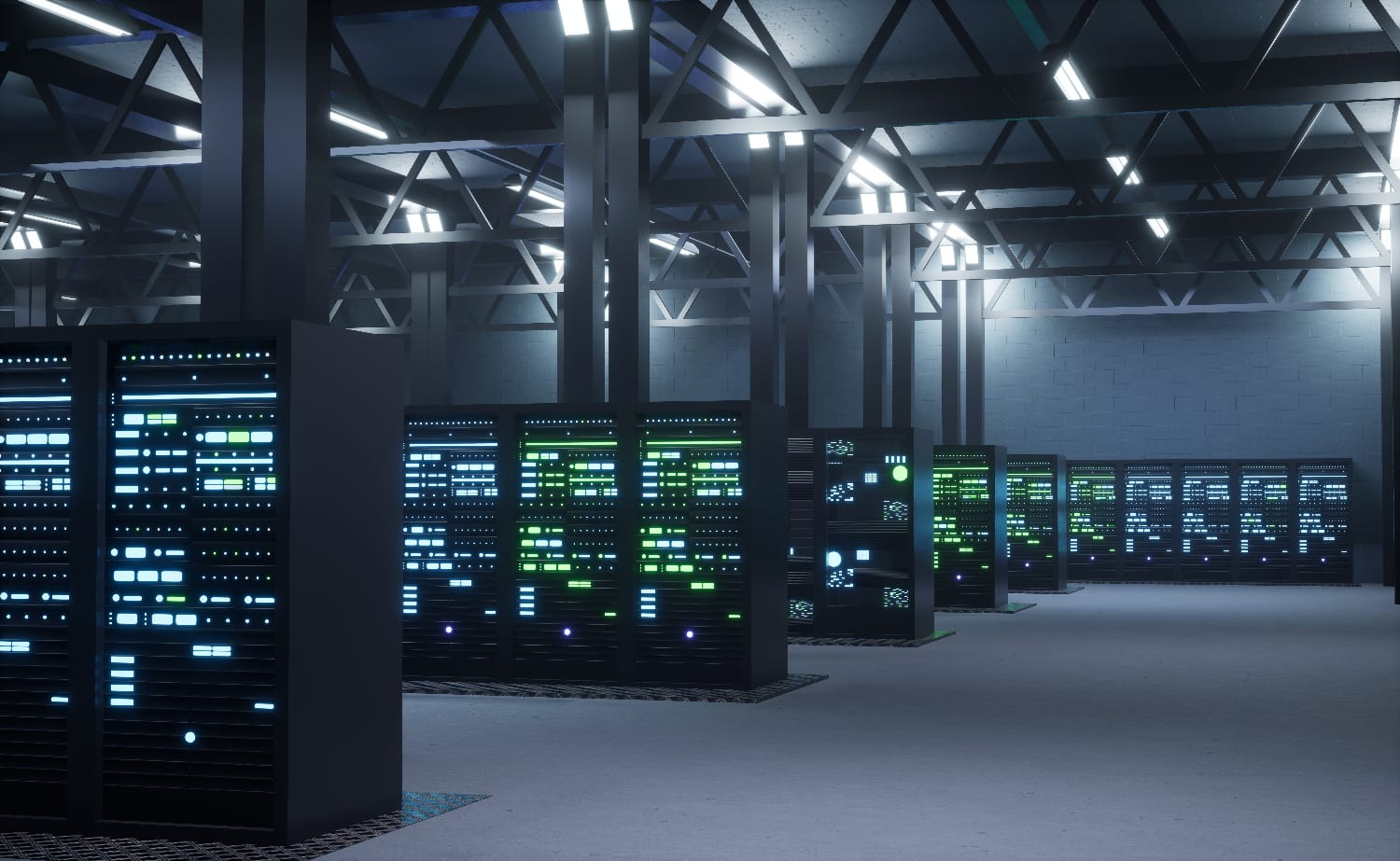 Server room with multiple servers and glowing screens in a dark, industrial setting.