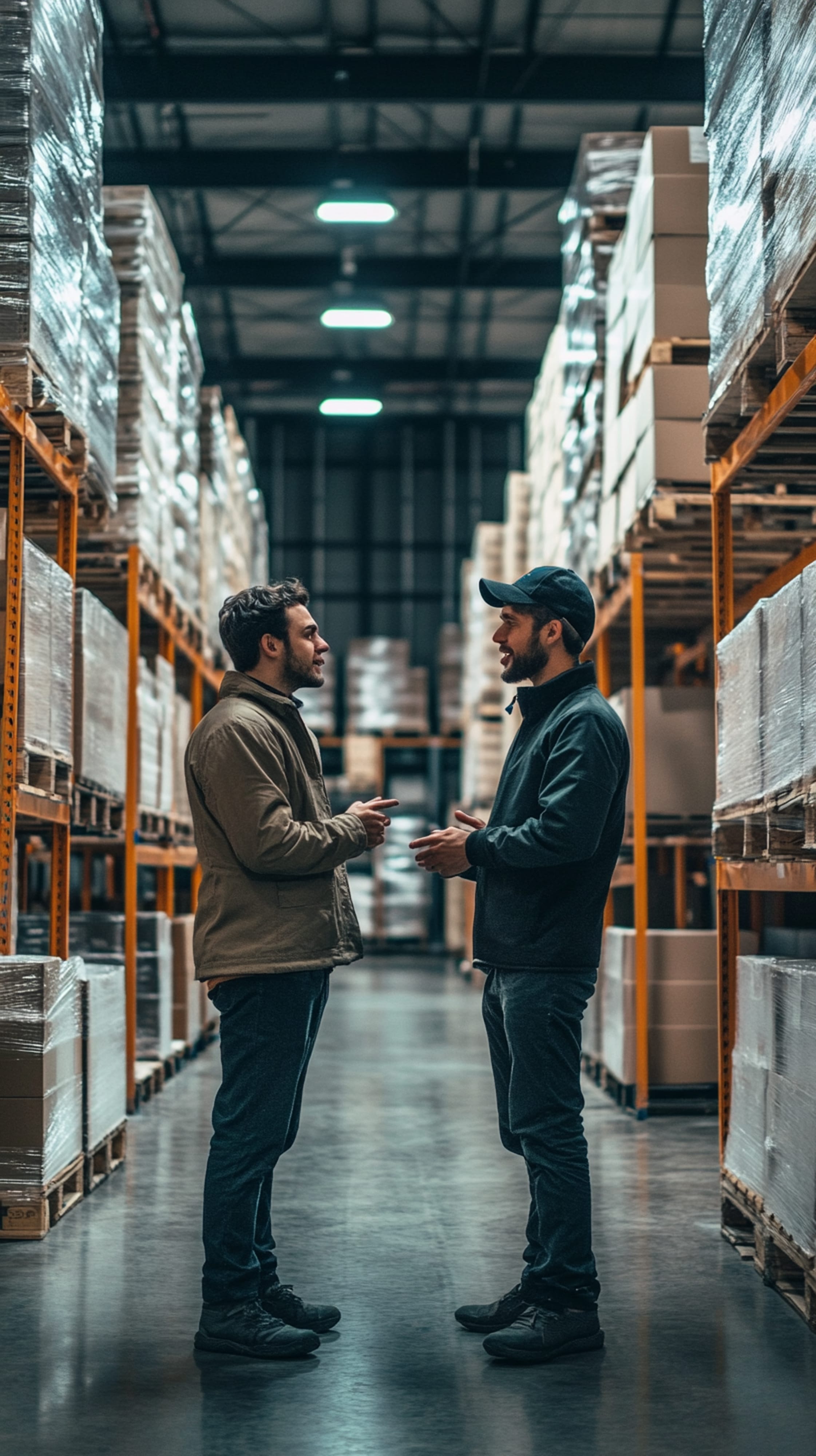 Two men talking in a warehouse with shelves and boxes in the background