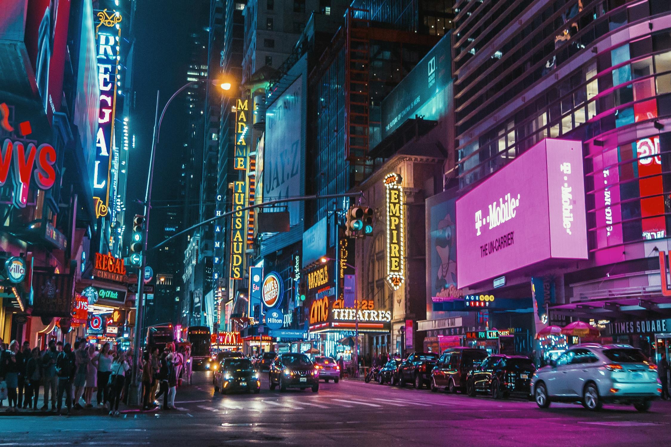 A neon-colored urban landscape from the street view.