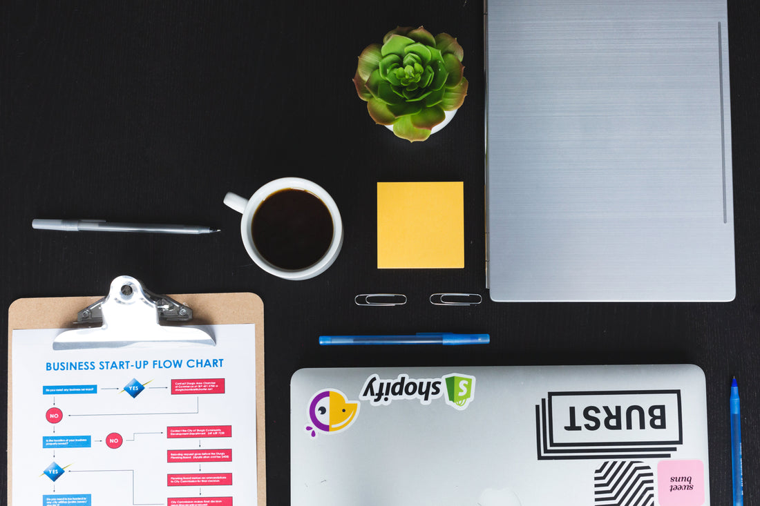 a office-themed flat lay of a laptop, potted plant, sticky notes, coffee, and a clipboard.