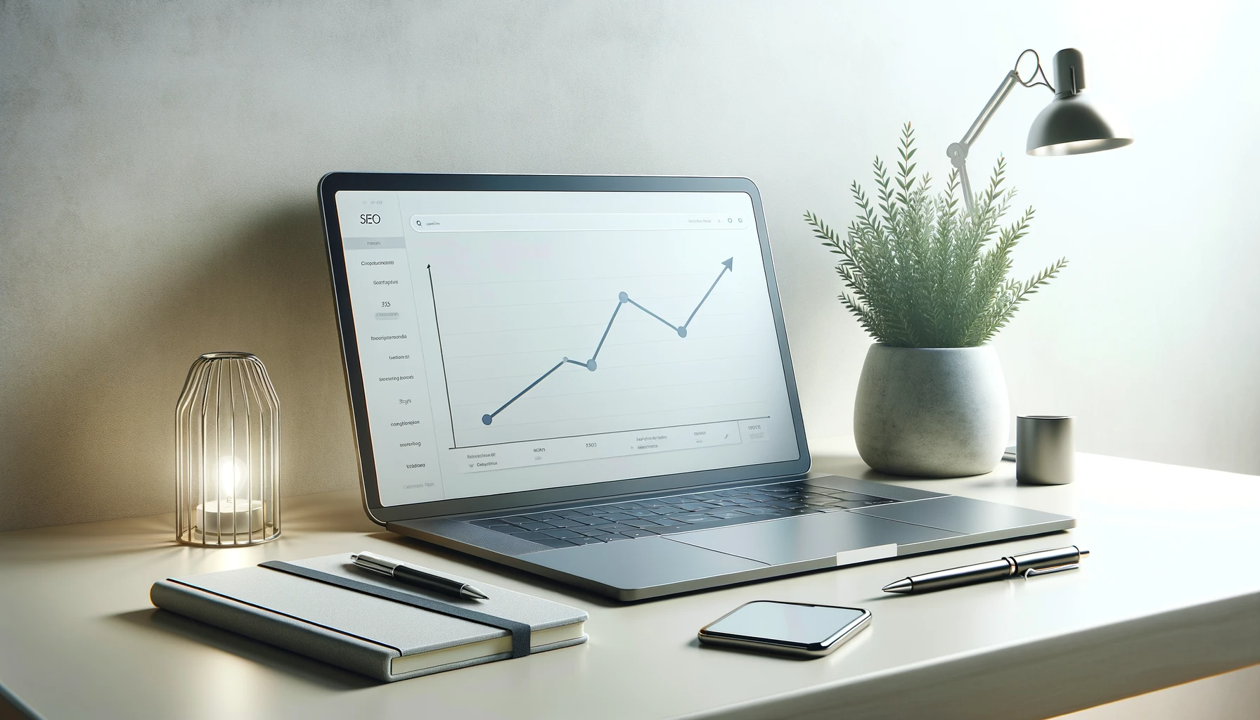 Modern laptop on a minimalist desk displaying upward graph, symbolizing improved SEO for Shopify websites in 2024