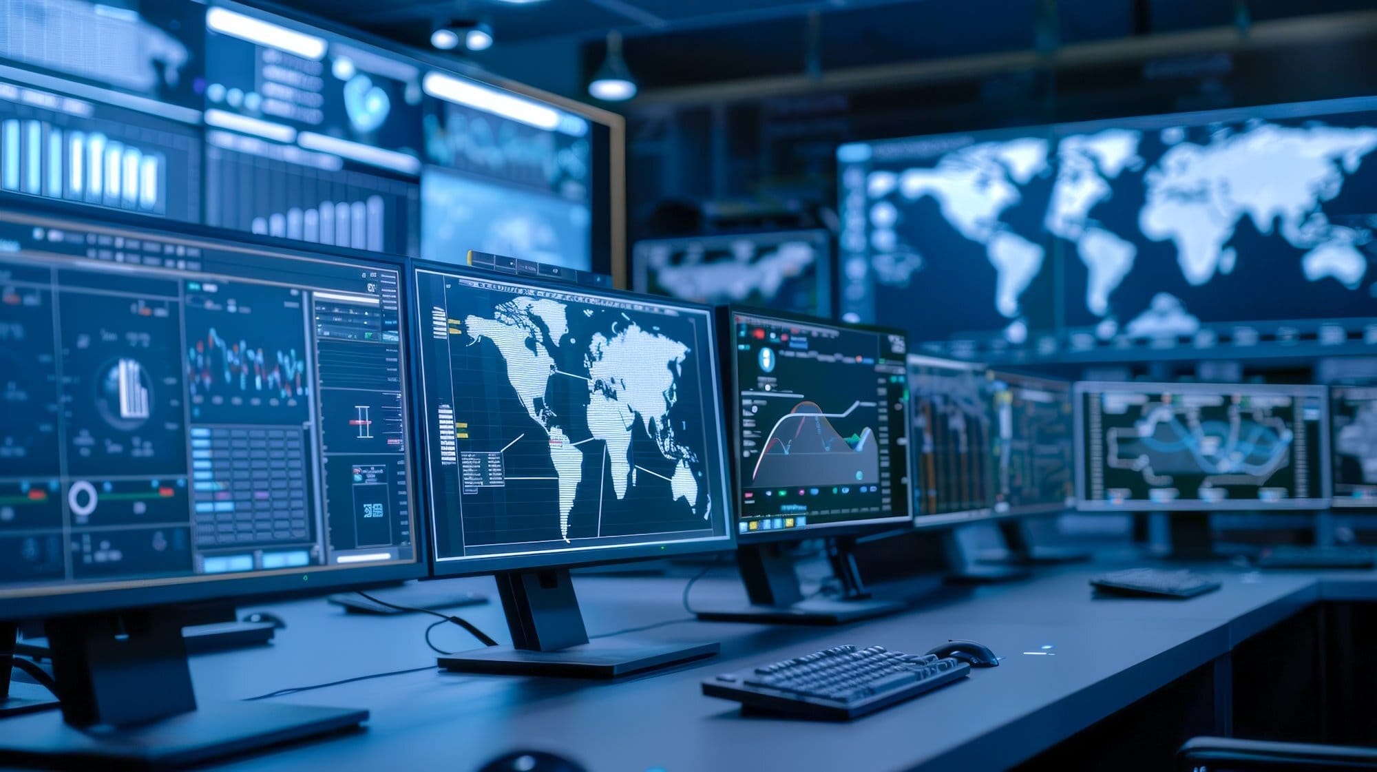 Control room with multiple monitors displaying data and maps